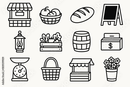 Market Stall Icons. Wooden Stalls linear icon set. market stall, fruit basket, bread loaf, chalkboard sign, hanging lantern, crate of vegetables, wooden barrel, cash box, canvas