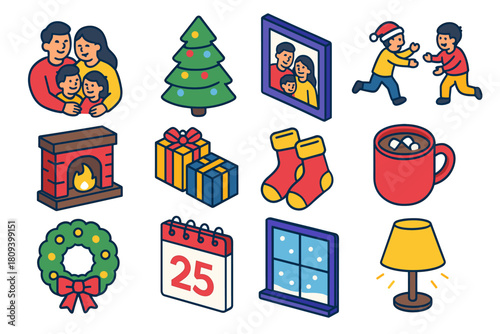 Festive Family Icons. Holiday Family Moments flat icons set. joyful family, tree lights, photo frame, children playing, fireplace, wrapped gifts, cozy socks, mug of cocoa, wreath