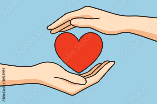 Heartfelt Unity. Two hands gracefully hold a vibrant red heart, symbolizing love and connection. The hands are elegantly positioned against a soft blue background,. Vector illustration