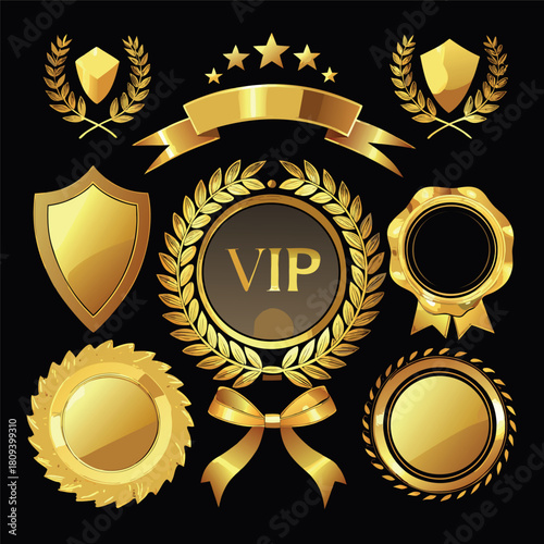 Luxury golden royal badge emblem, black background, gold wreath, crown icon, shiny metallic effect, elegant premium logo styl