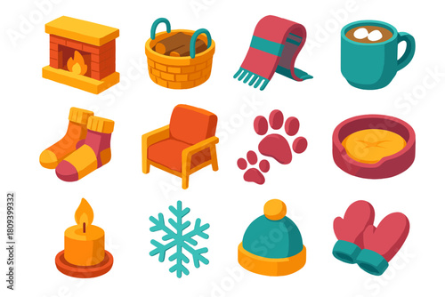 Winter Warmth Icons. Winter Warmth flat icons set. fireplace, log basket, scarf, mug of cocoa, wool socks, cozy chair, paw prints, pet bed, candle, snowflake, hat, mittens