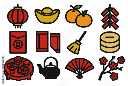 Lunar New Year Icons. Chinese Lunar New Year preparation icons silhouette icon set. red lantern, gold ingot, mandarin oranges, firecrackers, red envelope, spring couplets, broom