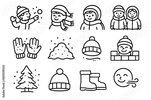 Winter Snow Fun. Winter Snow Play linear icon set. snowball toss, scarf in wind, bundled kids, snowy gloves, snow mound, pine tree, hat with pom, snow fort wall, smiling faces