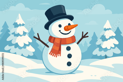 Cheerful Snowman Scene. Cheerful snowman stands proudly amidst a field blanketed in snow. Adorned with a carrot nose, coal buttons, and a jaunty scarf, it embodies. Vector illustration