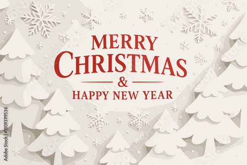 Festive Greeting Design. Stylish holiday greeting card layout featuring a prominent red and white color scheme, with paper-cut elements. The focal point is a. Vector illustration