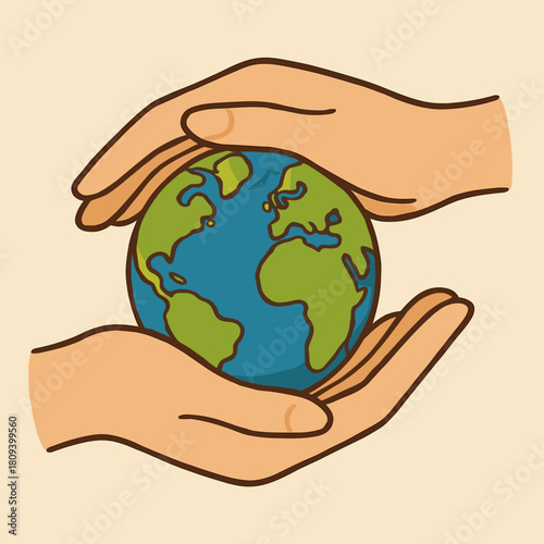 Hands Holding Earth. Two hands tenderly cup a small globe, symbolizing global unity and protection. The globe's vibrant blue and green hues contrast with the neutral. Vector illustration