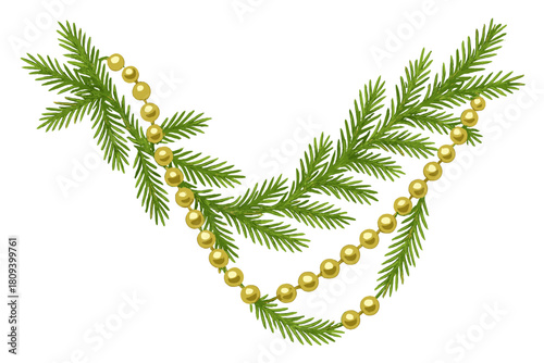 Golden Bead Garland. Cascade of golden beads intertwined with evergreen sprigs, forming an elegant, flowing garland. The beads glisten under an imaginary light. Vector illustration