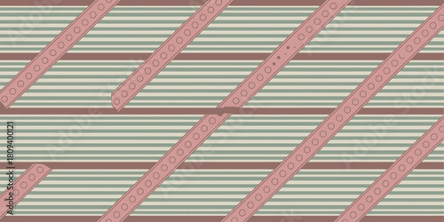 A repetitive pattern featuring horizontal lines and diagonal straps with circular details overlaying them
