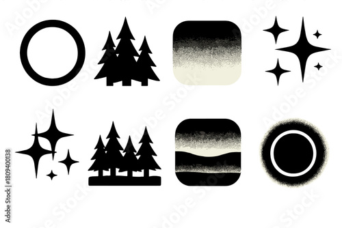 Brutalist Winter Icons. Longest Night silhouette icon set. full moon, silhouetted pines, twilight gradient, icy stars, snow sparkle, quiet forest, misty horizon, glowing aura