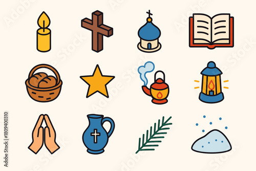 Orthodox Christmas Icons. Orthodox Christmas Holy Heritage flat icons set. candle flame, wooden cross, church dome, open scripture, bread basket, golden star, incense smoke