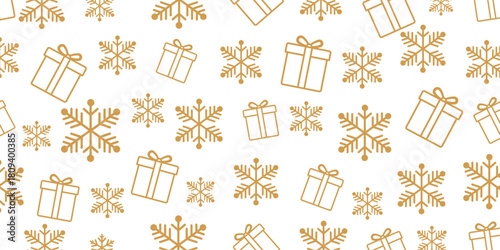 Elegant seamless Christmas and winter pattern featuring golden-brown outline icons of gift boxes and stylized snowflakes scattered randomly on a plain white background.