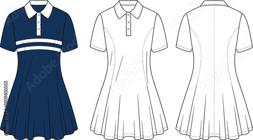 Technical fashion flat sketch of short-sleeved polo dress with stripes and pleated skirt, front and back view, apparel design vector template, and sportswear.
