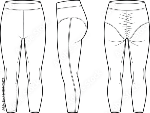 Technical fashion flat sketch of workout leggings with gusset and ruched back detail, three views, activewear blueprint vector template, and sportswear design.