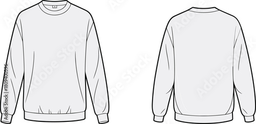 Basic crew neck sweatshirt technical fashion flat sketch vector illustration, oversized fit, front and back views, apparel template, and casual clothing blueprint.