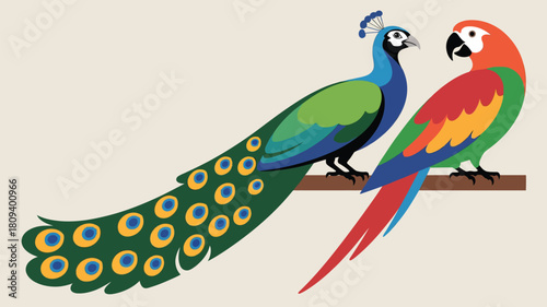 Vibrant peacock and macaw perched together create a delightful, colorful scene perfect for adding a touch of tropical charm and exotic beauty to any project