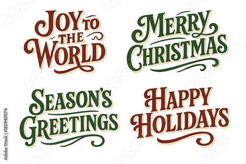 Vintage Holiday Typography. Collection of holiday-themed typography options, featuring phrases like 'Joy to the World' and 'Happy Holidays' in a vintage style. Each. Vector illustration