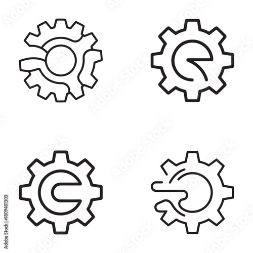 Task automation gear and curve outlines graphic set silhouette