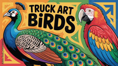 Vibrant truck art featuring a majestic peacock and a scarlet macaw, perfect for adding a touch of exotic flair to any creative project