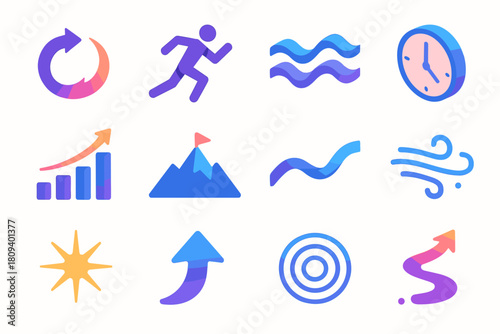Momentum Icon Set. Momentum Flow flat icons set. arrow swirl, running figure, wave pattern, clock, rising graph, mountain peak, flowing line, wind motion, spark symbol, upward