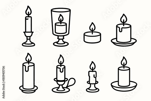 Elegant Candle Icons. Candle Stands linear icon set. tall candlestick, glass holder, tea light, pillar candle, metal base, wax drip, flame, tray