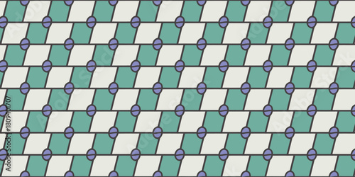 Repeating pattern of alternating green and white parallelograms with purple circles at each intersection