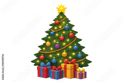 Gleaming Christmas Tree. Gleaming Christmas tree adorned with colorful ornaments and twinkling lights stands proudly. The star on top glows brightly, casting a warm. Vector illustration