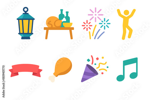 Festive Isometric Icons. Festive Gatherings flat icons set. lantern, feast table, fireworks, dance figure, ribbon banner, drumstick, confetti, musical note