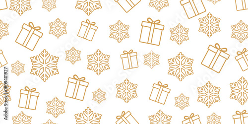 Elegant seamless Christmas and winter pattern featuring golden-brown outline icons of gift boxes and stylized snowflakes scattered randomly on a plain white background.