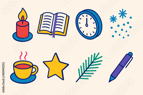 Seasonal Reflection Icons. New Year Seasonal Reflection flat icons set. candle flame, open journal, clock at midnight, snowfall, cup of tea, star, pine branch, pen