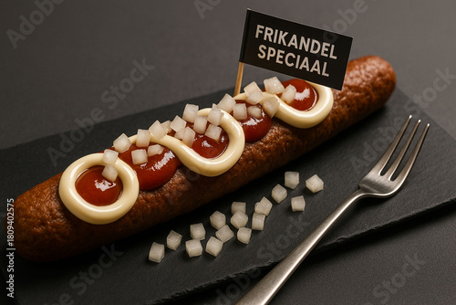 Frikandel Speciaal on Slate Plate with Mayonnaise, Curry Ketchup, and Onion Garnish