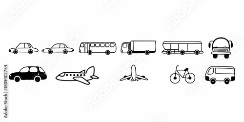 Illustration of various modes of transportation including cars, buses, trucks, airplanes, and a bicycle on transparent background