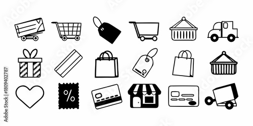 Collection of shopping related icons including carts bags tags credit cards and delivery truck in black and white on transparent background