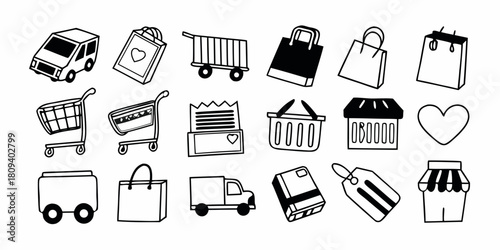 Illustration featuring shopping carts, bags, delivery truck, and other retail related elements drawn in black on transparent background