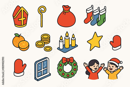 St. Nicholas Icons. St. Nicholas Day Celebration flat icons set. bishop hat, crozier staff, gift bag, stockings, oranges, coins, candles, star, mitten, snowy window, wreath, joyful