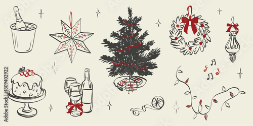 Whimsical party doodles featuring festive dinner table with Christmas tree, wine glasses, wreath with ribbon bow and holiday decorations in Crayon and chalk sketch style. Vector illustration