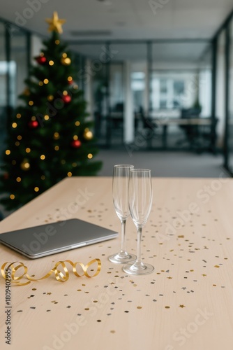 christmas table setting with champagne