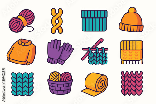 Vibrant Knit Icons. Wool & Knit Details flat icons set. yarn skein, cable stitch, ribbed trim, cozy hat, folded sweater, wool gloves, crochet hook, scarf edge, textured pattern
