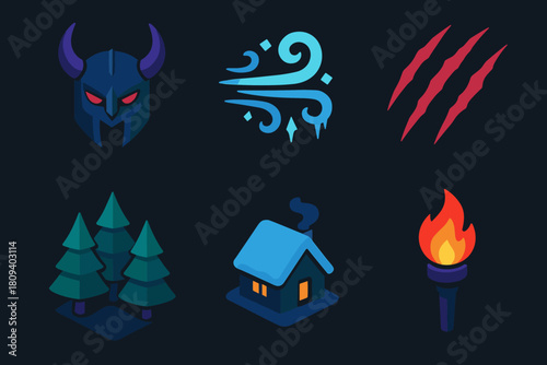 Winter Icon Set. Dark Winter flat icons set. horned mask, icy wind, claw mark, pine forest, distant hut, flickering torch