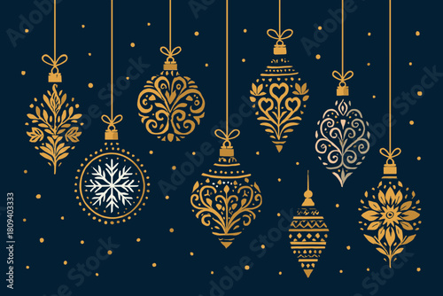 Elegant Festive Ornaments. Series of delicate hanging ornaments, each uniquely designed with intricate patterns, float gracefully on a dark blue canvas. The. Vector illustration
