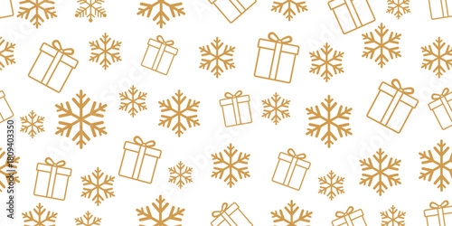 Elegant seamless Christmas and winter pattern featuring golden-brown outline icons of gift boxes and stylized snowflakes scattered randomly on a plain white background.