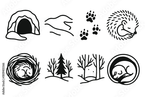 Winter Hibernation Icons. Deep Winter Slumber linear icon set. cave entrance, snow drift, paw prints fading, curled hedgehog, hibernation nest, still forest, twilight glow, resting