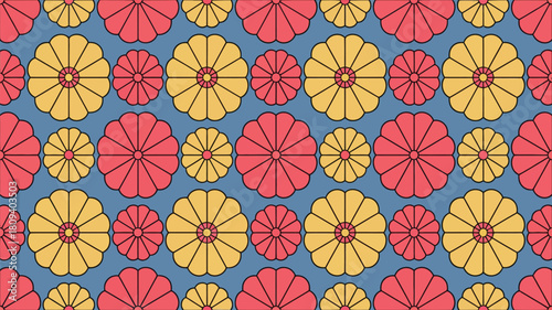 Vibrant floral repeat pattern ideal for modern textiles and unique backgrounds, featuring stylized flowers in coral and gold against a calming blue backdrop.