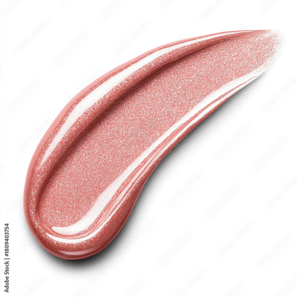Fototapeta premium Glossy pink lip gloss swatch with pearl shimmer texture and shine
