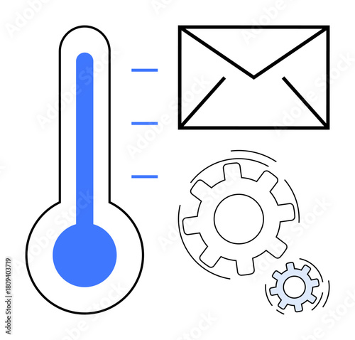 Thermometer, envelope, and gears portray process efficiency, collaboration, goal setting, notifications, productivity, automation organization. Ideal for innovation teamwork problem-solving