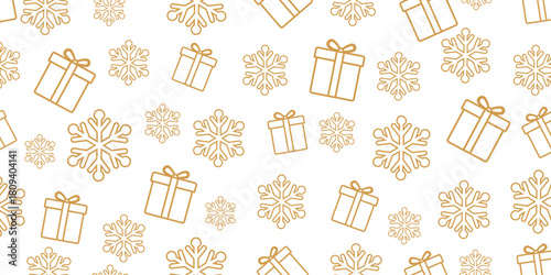 Elegant seamless Christmas and winter pattern featuring golden-brown outline icons of gift boxes and stylized snowflakes scattered randomly on a plain white background.