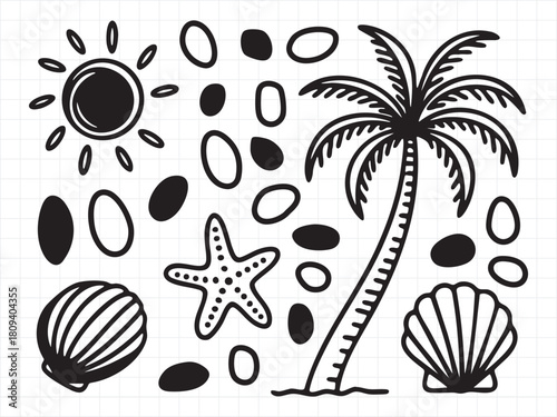 Beach and summer vacation outline icons set, sun, palm, shells