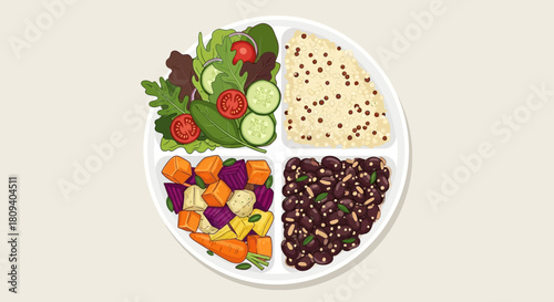 Balanced Vegan Meal Plate with Vegetables, Grains, Legumes, and Root Produce