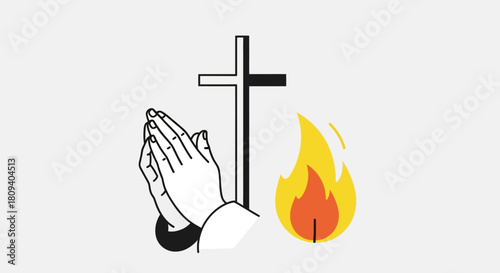 Praying Hands, Christian Cross, and Flame Symbolizing Faith and Spiritual Devotion
