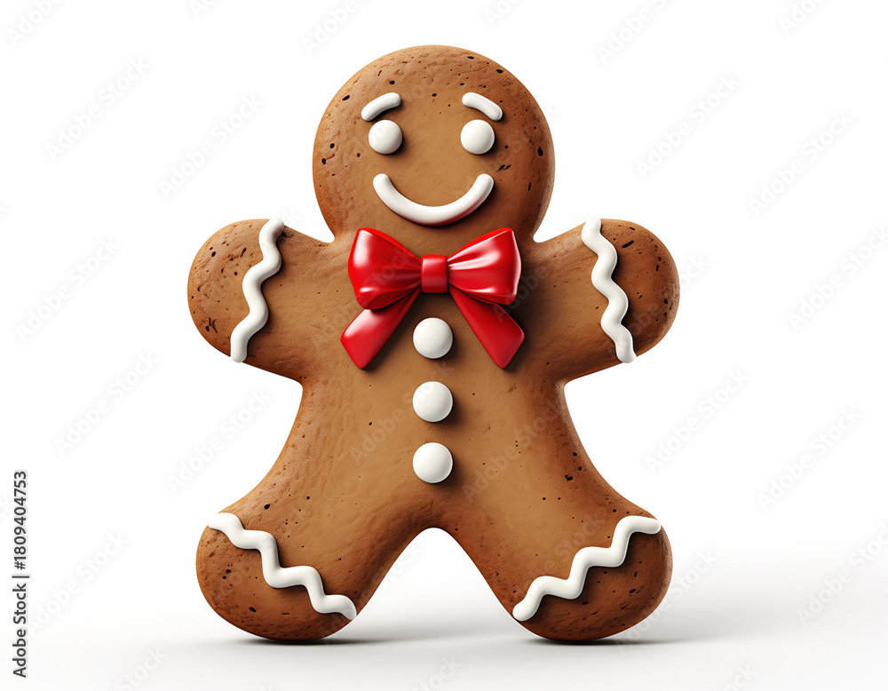 Obraz premium Cute Gingerbread Man Cookie with Icing and Red Bow Tie Isolated on White Background