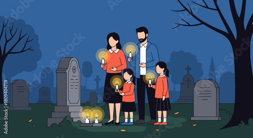 Family Holding Candles at Nighttime Cemetery in Tribute Scene with Gravestone and Misty Trees